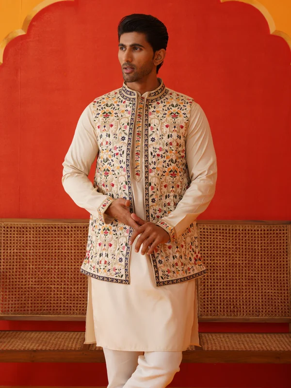 Embroidered Waistcoat & Solid Kurta Pyjamas - Image 2
