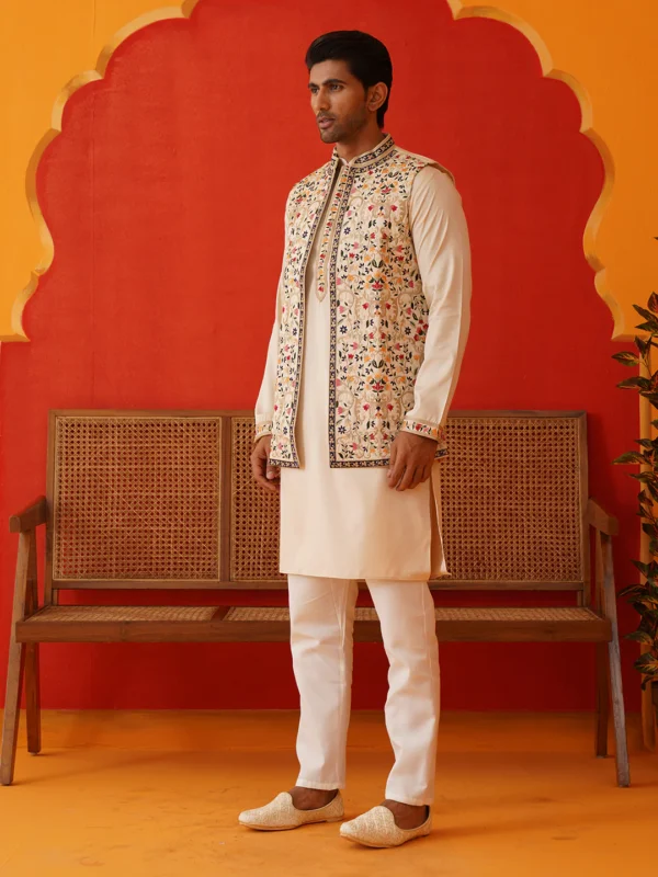 Embroidered Waistcoat & Solid Kurta Pyjamas - Image 4