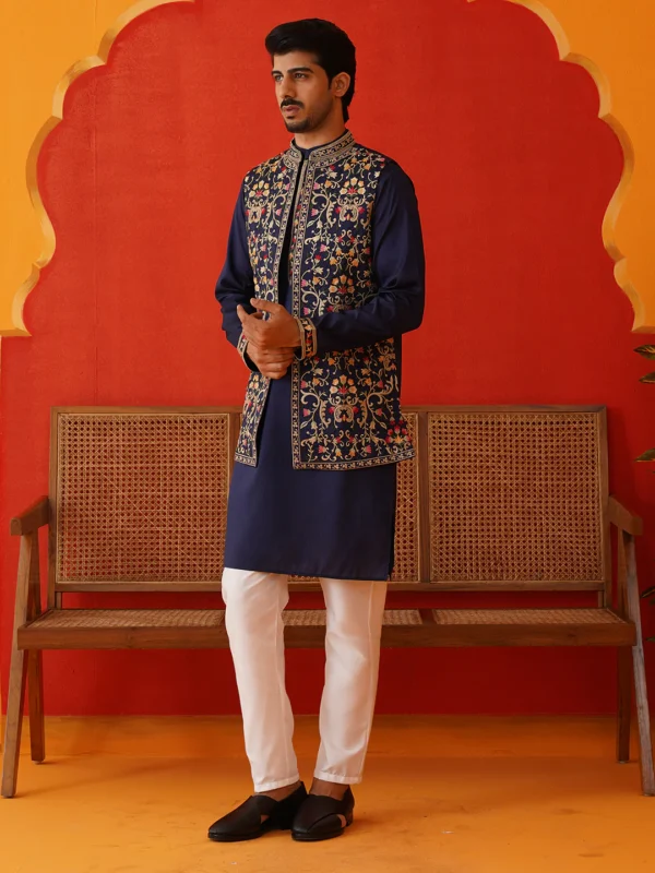 Embroidered Waistcoat & Solid Kurta Pyjamas