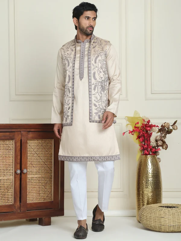 Embroidered Waistcoat & Solid Kurta Pyjamas - Image 2