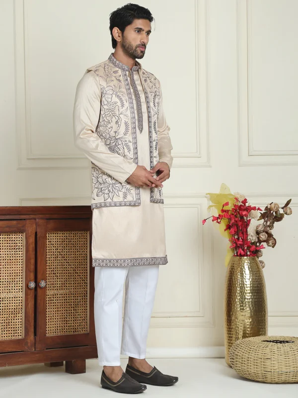 Embroidered Waistcoat & Solid Kurta Pyjamas - Image 3