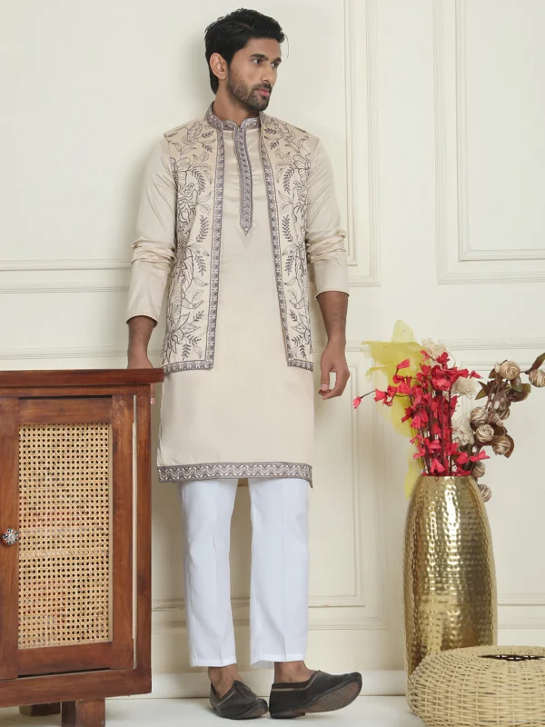 Embroidered Waistcoat & Solid Kurta Pyjamas - Image 5