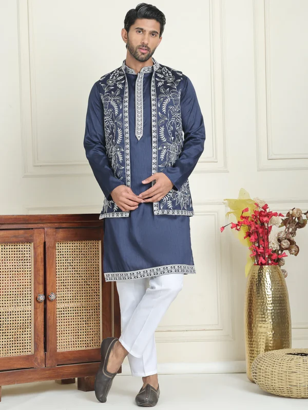 Embroidered Waistcoat & Solid Kurta Pyjamas