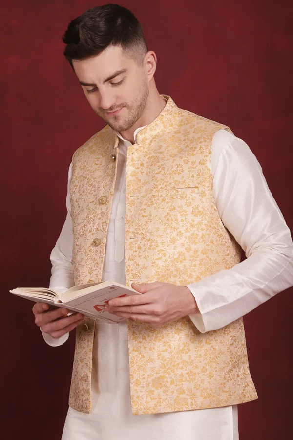 Woven Design Nehru Jacket with Kurta Pyjamas Set - Image 2