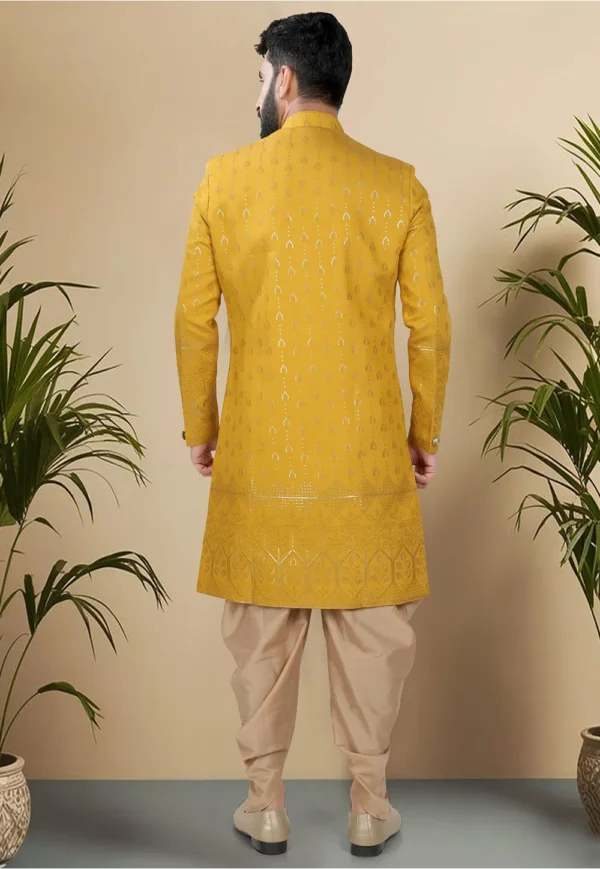 Embroidered Art Silk Sherwani in Yellow - Image 3
