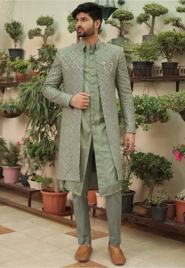 Embroidered Georgette Sherwani in Red - Image 19