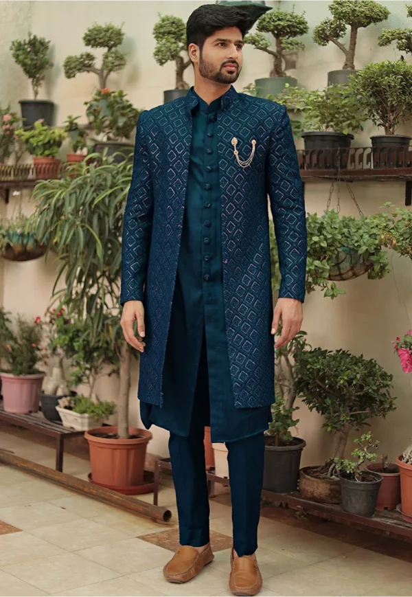 Embroidered Georgette Sherwani in Red - Image 13