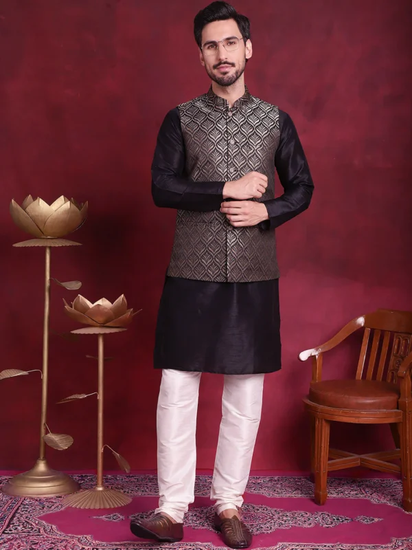 Woven Design Nehru Jacket with Kurta Pyjamas Set - Image 5
