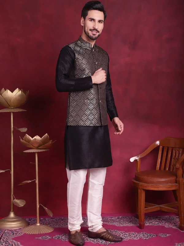 Woven Design Nehru Jacket with Kurta Pyjamas Set - Image 4