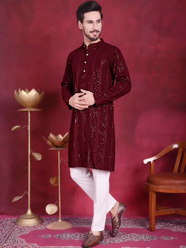 Sequin Chikankari Embroidered Kurta with Pyjamas - Image 5